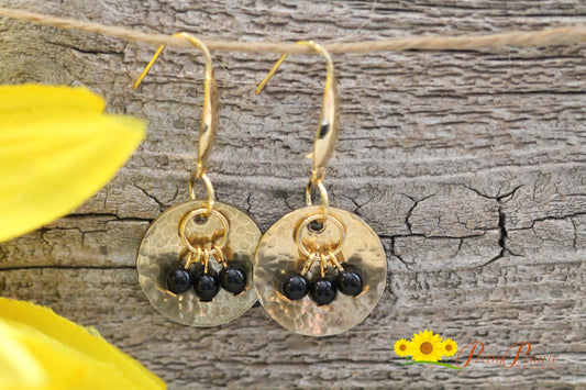 Black and Gold Dangle Earrings, Black Pearl Earrings, Hand Stamped, Metal Jewelry, Gift for Mother's Day, Disc Jewelry, Hammered Earrings