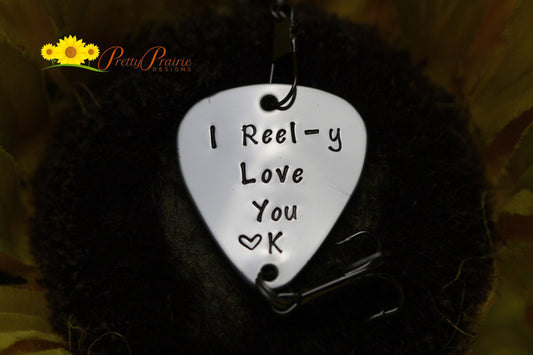 I Reel-y Love You Fishing Lure, Custom Fish Hook, Hand Stamped Gift for Fisherman, Valentine, Engagement Present, Angler Gift, Metal Lure