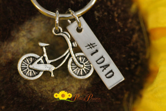 Bicycle Tag Keychain, Father's Day, Bike Lover, Mountain Bike Keychain, Bicyclist Gift, Personalized, #1 Dad, Love to Bike, Cyclist Gift