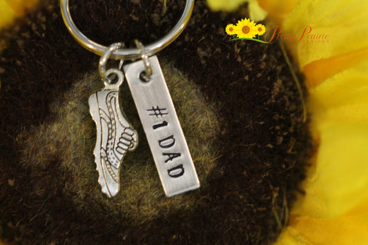 Track Tag Keychain, Personalized Running Gift, Track Shoe Keychain, Coach Gift, Gym Bag Tag, #1 Dad Keychain, Cross Country, Hand Stamped