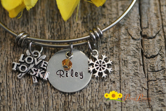 Personalized Ski Bangle, Ski Bracelet, Gift for Skier, Ski Jewelry, Love to Ski, Hand Stamped Ski Jewelry, Ski Daughter Gift, Winter Sport