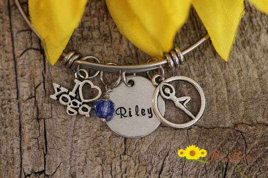 Personalized Yoga Bangle, Yoga Bracelet, Fitness Gift, Yoga Jewelry, Hand Stamped, Meditation Jewelry, I Love Yoga, Birthstone Bracelet