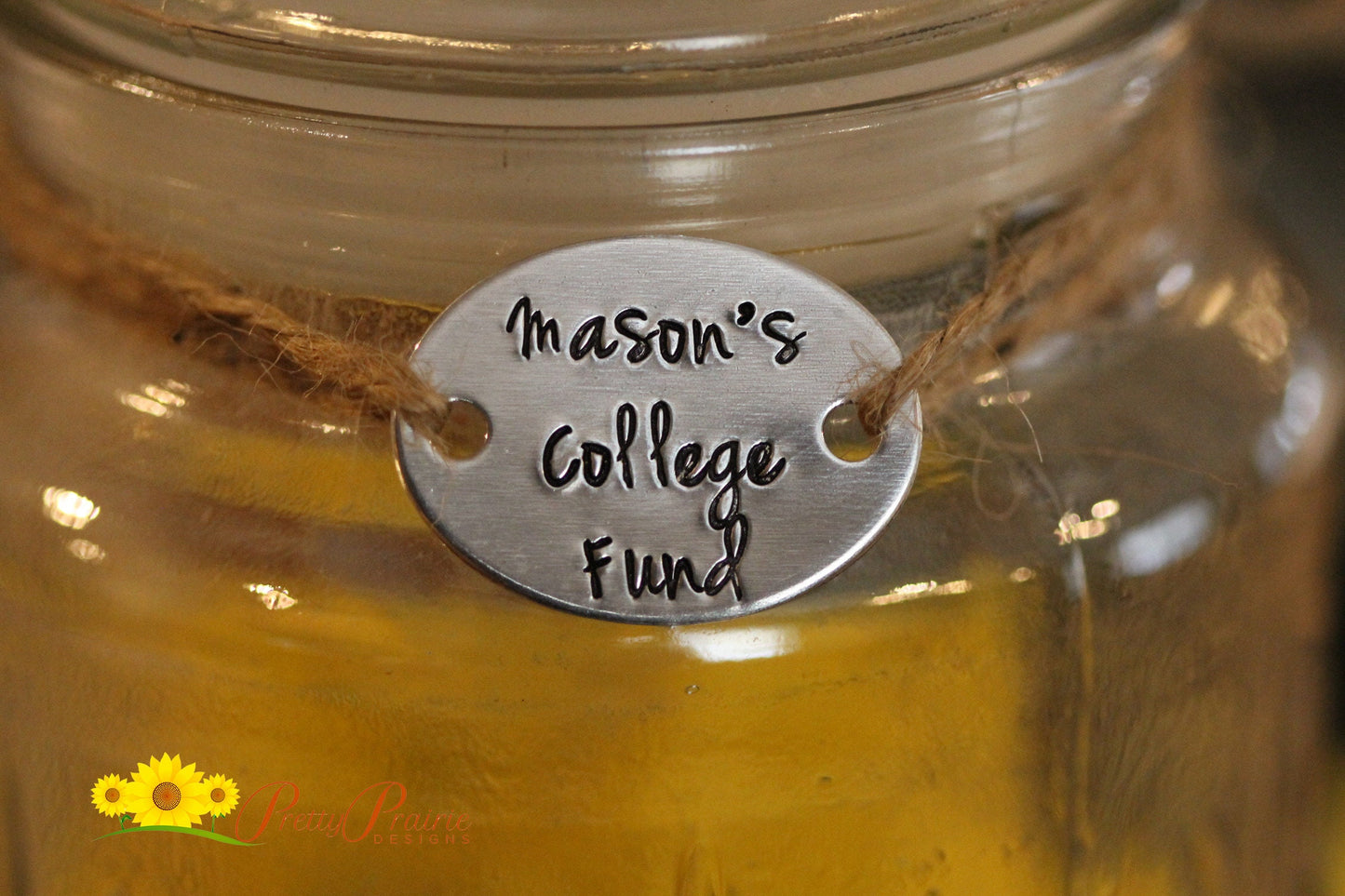 Mason Jar Label, Savings Jar Label, College Fund Tag, Personalized Mason Jar, Swear Jar, Treat Jar, Hand Stamped, Coin Jar, Metal Jar Tag