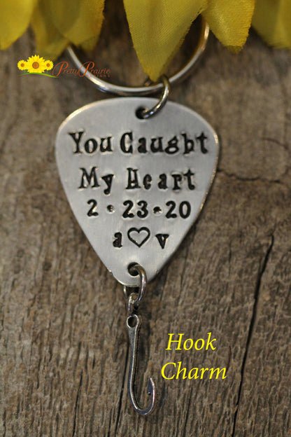 You Caught My Heart Keychain, Initial Fishing Gift, Anniversary Gift for Fisherman, Hand Stamped, Valentine Gift, Personalized Angler Gift