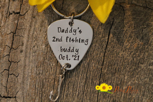 Daddy's 2nd Fishing Buddy Keychain, Fishing Gift, New Baby Reveal, Hand Stamped Keychain, Father's Day, Angler Gift, Pregnancy Reveal