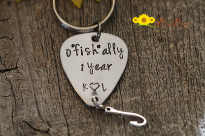 O"fish"ally 1 Year Keychain, Angler Gift, Anniversary Gift, Hand Stamped Keychain, First Anniversary for Fisherman, Initial Keychain