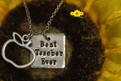 Best Teacher Ever Necklace, Teachers Gift, Personalized, Hand Stamped, Teacher Appreciation, Apple Necklace, End of Year, Teacher Keychain