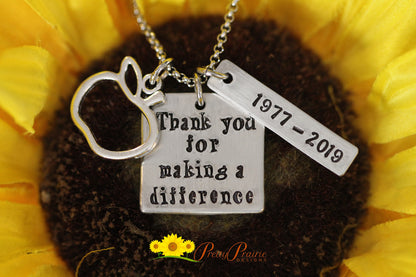 Thank You for Making a Difference Teacher Necklace, Best Teacher Gift, Teacher Jewelry, Hand Stamped, Teacher Retirement, Teacher Keychain