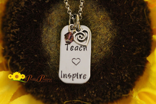 Teach Love Inspire Necklace, Hand Stamped, Teacher Appreciation, Student Teacher, Personalized, End of Year, Christmas, Teacher Keychain