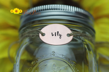 Mason Jar Label, Savings Jar Label, College Fund Tag, Personalized Mason Jar, Swear Jar, Treat Jar, Hand Stamped, Coin Jar, Metal Jar Tag