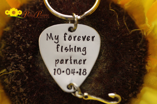 My Forever Fishing Partner Keychain, Fishing Gift, Angler Gift, Love to Fish Present, Hand Stamped Fishing Keychain, Dated Keychain, Metal