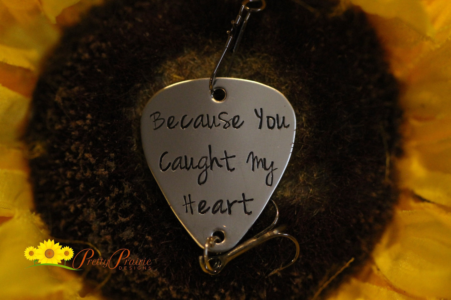 Because You Caught My Heart Fishing Lure, Custom Anniversary Gift, Husband or Boyfriend Present, Hand Stamped Fishing Hook, Angler Gift