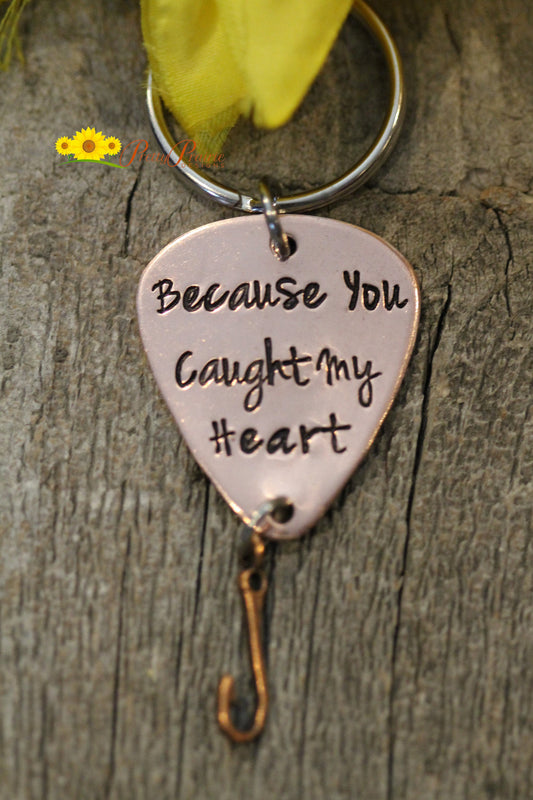 Because You Caught My Heart Keychain, Fishing Gift, Anniversary Gift for Fisherman, Hand Stamped Lure Keychain, Valentine Gift, Angler Gift