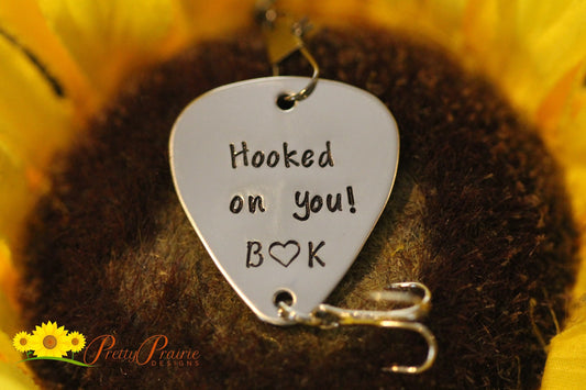 Hooked on You Initial Lure, Custom Lure, Fishing Gift, Valentine for Fisherman, Wedding Gift, Hand Stamped, Metal Fish Hook, Personalized