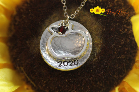 Hollow Apple Teacher Necklace, Teacher Keychain, Hand Stamped, School Year, New Teacher Gift, Student Teacher, Teacher Retirement, Hammered