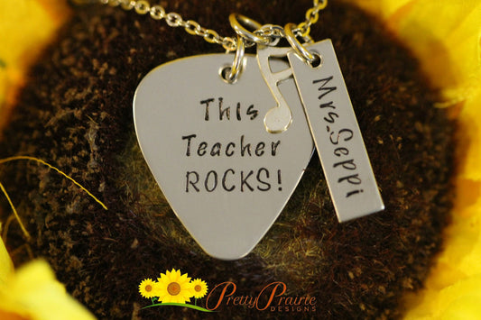 This Teacher Rocks Necklace, Music Teacher Gift, Hand Stamped Music Jewelry, Teacher Gift, Guitar Pick Jewelry, Favorite Teacher, Year End