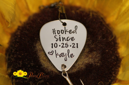 Hooked Since Fishing Lure, Custom Made Lure, Fishing Gifts, Anniversary, Valentine Gift, Hand Stamped Hook, Dated Lure, Personalized Lure
