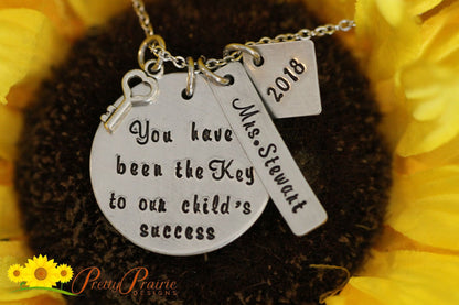 Key to Success Teacher Necklace, Personalized Teacher Gift, Hand Stamped, School Counselor, End of Year, ESL Teacher, Special Needs Teacher