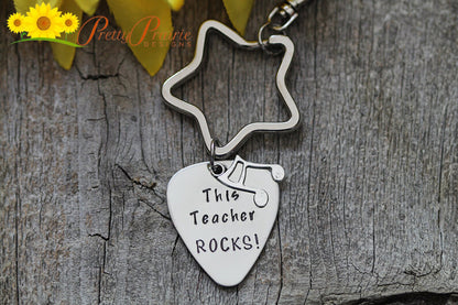 This Teacher Rocks Keychain, Guitar Pick Keychain, Music Teacher Gift, Personalized Pick Keychain, Stamped Guitar Pick, Band Teacher Gift