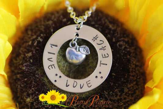 Live Love Teach Necklace, Teacher Keychain, Teacher Gift, Love to Teach Jewelry, End of Year Gift, Favorite Teacher, Washer Necklace