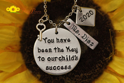 Key to Success Teacher Necklace, Personalized Teacher Gift, Hand Stamped, School Counselor, End of Year, ESL Teacher, Special Needs Teacher