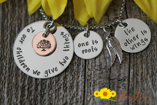 Roots and Wings Necklace, Caregiver Gift, Nanny Necklace, Mixed Metal Necklace, Teacher Gift, Hand Stamped, Custom Jewelry, Teacher Quote