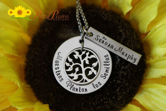 Maestras Plantan Las Semillas Teacher Necklace, ESL Teacher Gift, Spanish Teacher Gift, Hand Stamped, Teacher Keychain, Plant the Seeds