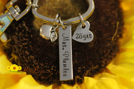Teacher Retirement Keychain, Personalized, Hand Stamped, Personalized, Stainless, Apple Keychain, Favorite Teacher Keychain, Years Teaching