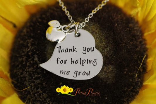 Thank You for Helping Me Grow Necklace, Student Teacher Gift, Hand Stamped, Gift for Teacher, End of Year Gift, Teacher Retirement