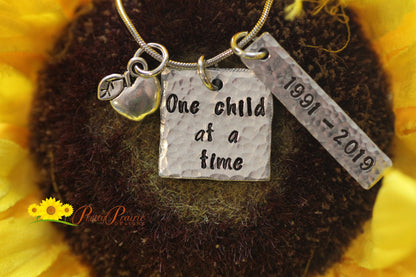 One Child at a Time Teacher Necklace, Personalized, Hand Stamped, Student Teacher, Teacher Retirement, First Day of School, Teacher Keychain