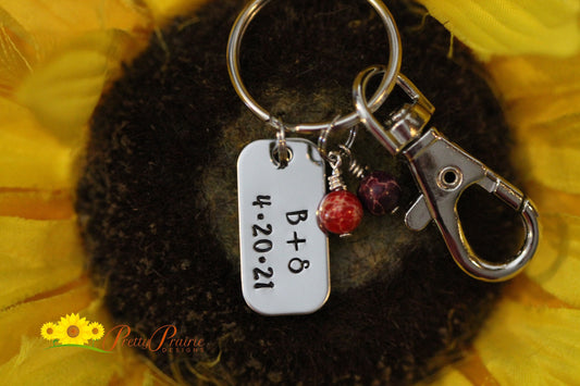 Mini Dog Tag Anniversary Keychain, Personalized, Engagement Gift, Husband or Boyfriend Gift, Valentine, Hand Stamped, Silver, Gold, Rose