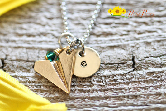 Personalized Gold Paper Plane Necklace, Pilot Necklace, Flight Attendant Jewelry, Initial Plane Necklace, Origami Plane Charm, Traveler Gift