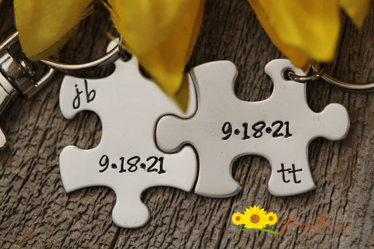 Date and Initial Puzzle Piece Keychain Set, Hand Stamped Puzzle, Anniversary, Engagement Gift, Wedding Gift, Wedding Party, Memorial Gift