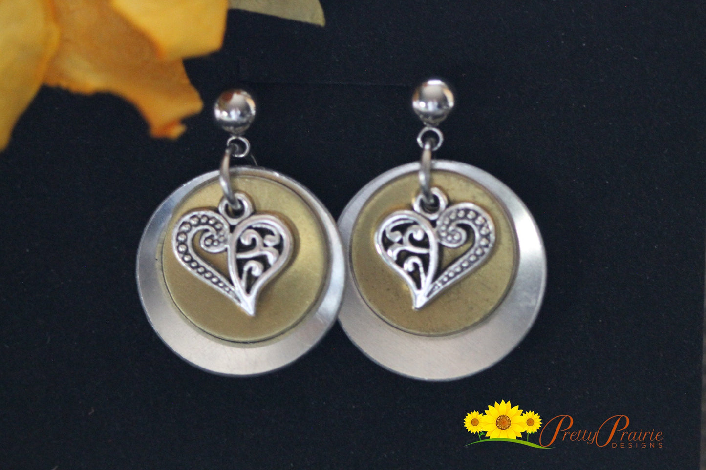 Silver and Gold Heart Earrings, Heart Hanging Earrings, Mixed Metal Jewelry, Dangle Bohemian Earrings, Gift for Her, Disc Jewelry