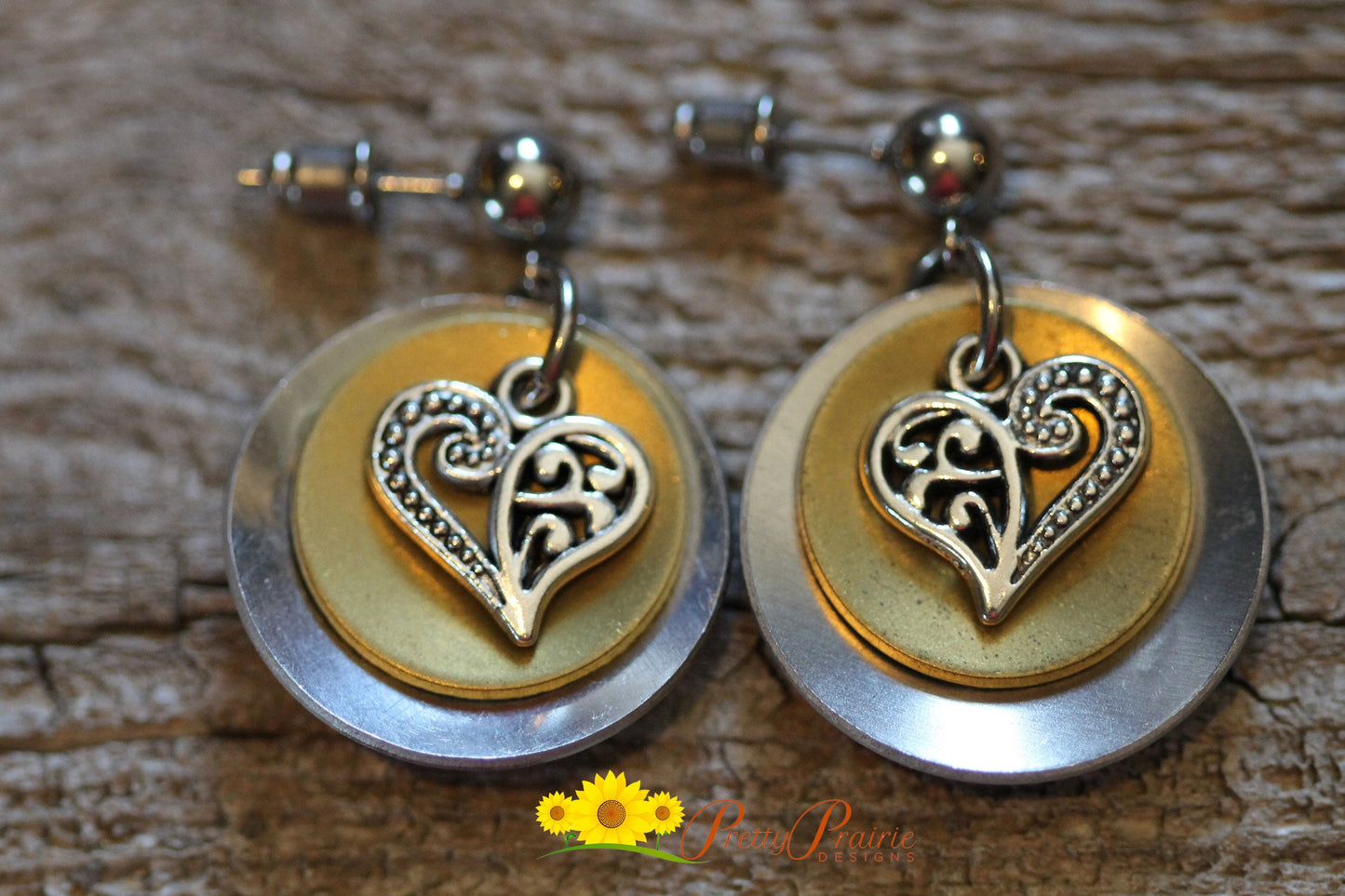 Silver and Gold Heart Earrings, Heart Hanging Earrings, Mixed Metal Jewelry, Dangle Bohemian Earrings, Gift for Her, Disc Jewelry