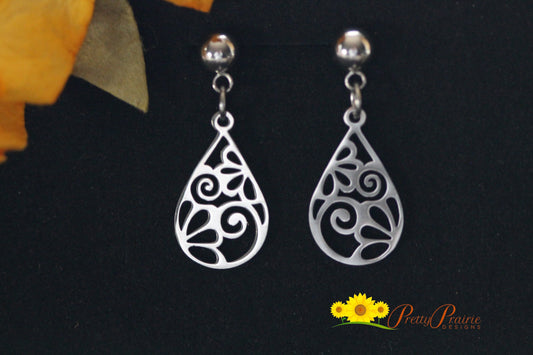 Silver Floral Teardrop Earrings, Drop Earrings, Dangle Earrings, Floral Jewelry, Filigree Earrings, Gift for Her, Prom, Wedding Jewelry