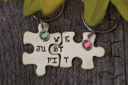 We Just Fit Puzzle Piece Keychain Set, Hand Stamped, Personalized, Best Friend, Couples Gift, Anniversary, His and Her Gift, Valentine Gift