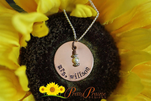 Personalized Teacher Disc Necklace, Brass, Aluminum, Copper, Hand Stamped, Year End Gift, Teacher Gift, Gift from Student, Teacher Keychain