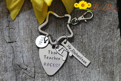 This Teacher Rocks Keychain, Guitar Pick Keychain, Music Teacher Gift, Personalized Pick Keychain, Stamped Guitar Pick, Band Teacher Gift