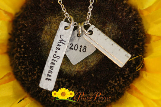 Personalized Teacher Necklace, Teacher Gift, Dainty Teacher Jewelry, Teacher Retirement, Hand Stamped, Hammered, Favorite Teacher Keychain