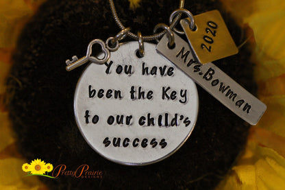 Key to Success Teacher Necklace, Personalized Teacher Gift, Hand Stamped, School Counselor, End of Year, ESL Teacher, Special Needs Teacher