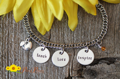 Teach Love Inspire Stainless Charm Bracelet, Student Teacher Gift, Teacher Christmas Gift, Year End, New Teacher Gift, Hand Stamped Discs