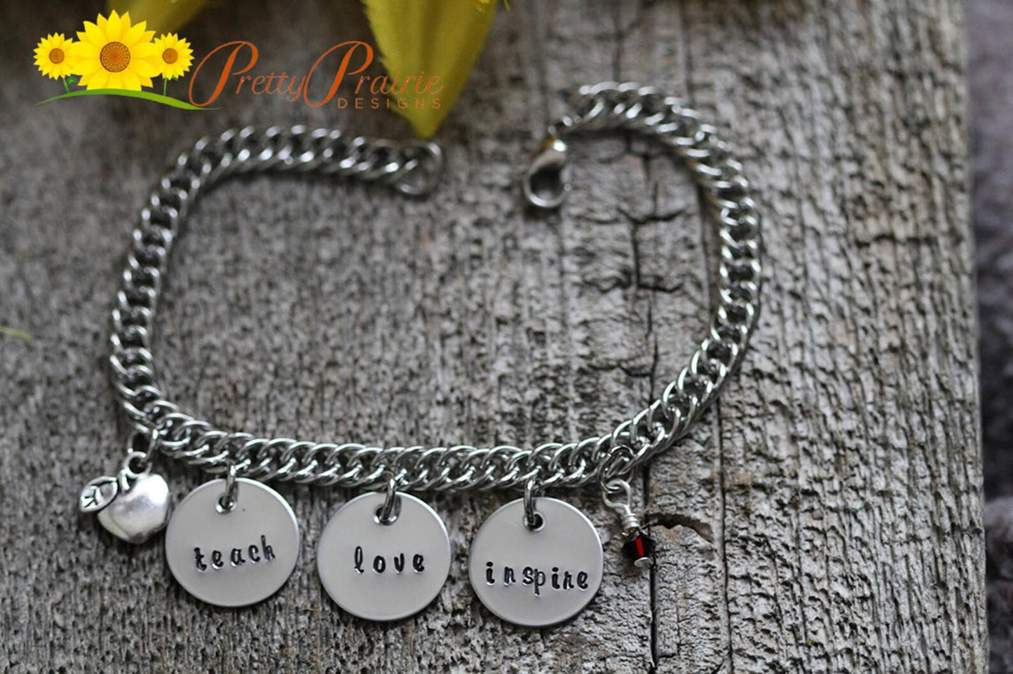 Teach Love Inspire Stainless Charm Bracelet, Student Teacher Gift, Teacher Christmas Gift, Year End, New Teacher Gift, Hand Stamped Discs