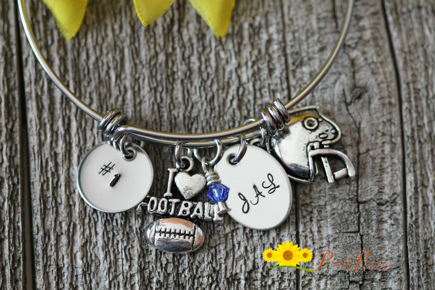 Initial Football Bangle, Football Mom Gift, Football Girlfriend, Sports Jewelry, Custom Charm Bangle, Football Bracelet, Personalized Gift