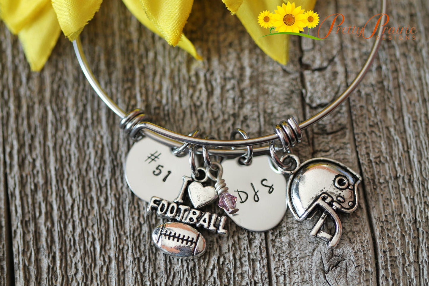 Initial Football Bangle, Football Mom Gift, Football Girlfriend, Sports Jewelry, Custom Charm Bangle, Football Bracelet, Personalized Gift