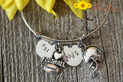 Initial Football Bangle, Football Mom Gift, Football Girlfriend, Sports Jewelry, Custom Charm Bangle, Football Bracelet, Personalized Gift