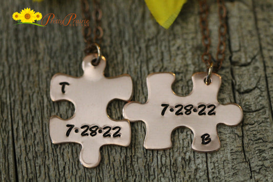 Date and Initial Puzzle Piece Necklace Set, Puzzle Jewelry, Memorial Necklaces, Anniversary, Engagement Gift, Wedding Gift, Wedding Party