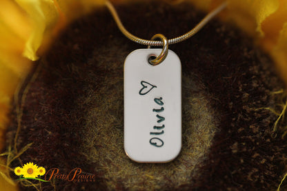 Mini Dog Tag Personalized Heart Necklace, Hand Stamped, Name Jewelry, Daughter Birthday, Girlfriend, Promise Necklace, New Mom, Teen Gift