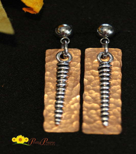 Hammered Bar Earrings, Dangle Earrings, Drop Earrings, Hand Stamped, Mixed Metal Jewelry, Gift for Woman, Twist, Boho Earrings, Lever Back