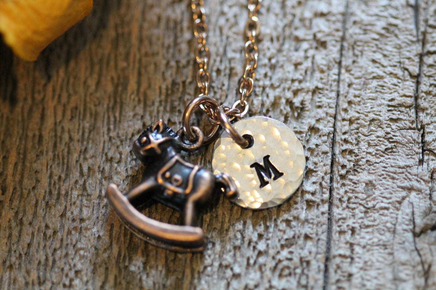 Copper Initial Rocking Horse Necklace, New Mom Jewelry, Rocking Horse Charm, Gotcha Gift, Baby Shower, New Grandma Gift, Hand Stamped